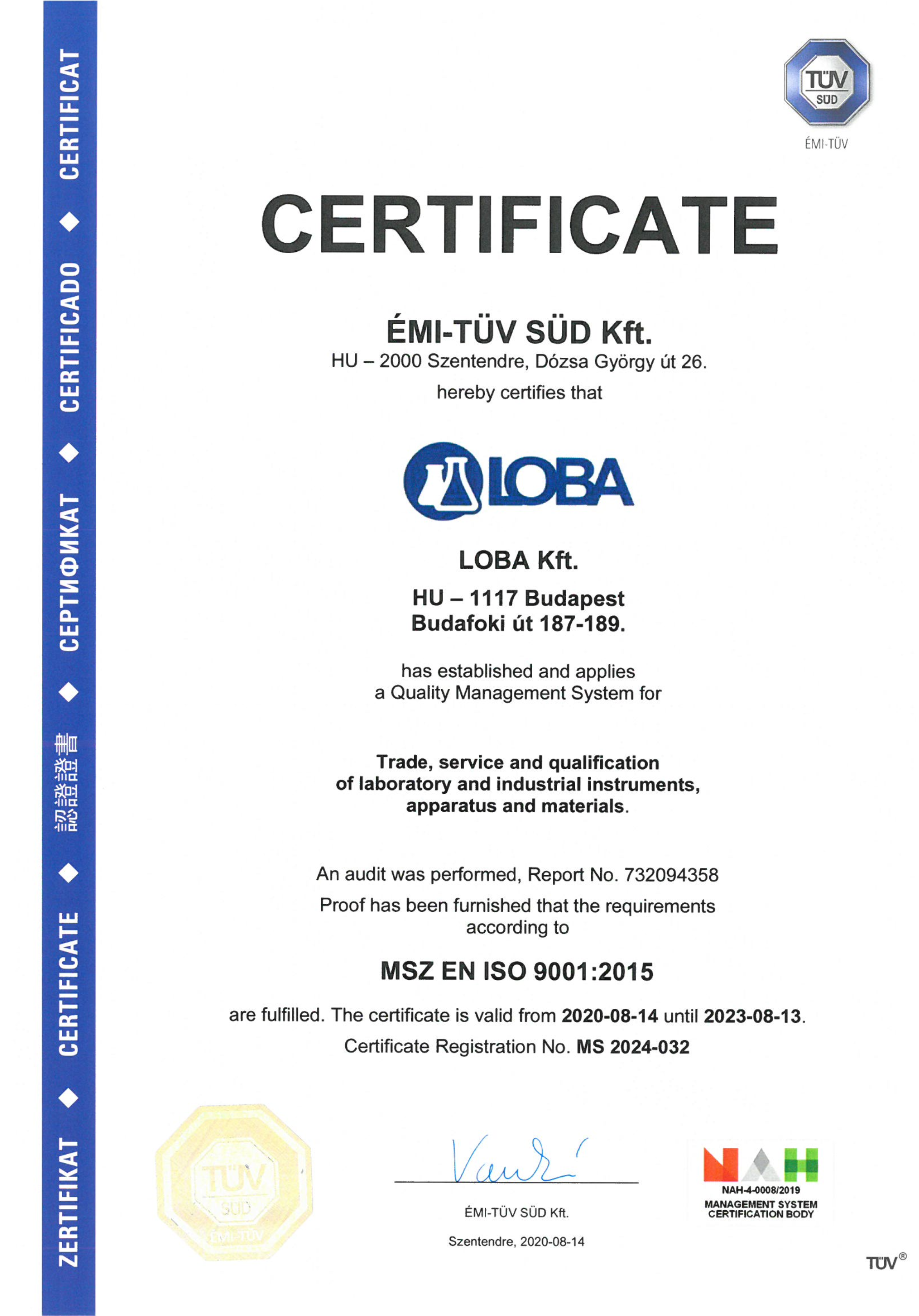 ISO 9001:2015 tanúsítvány